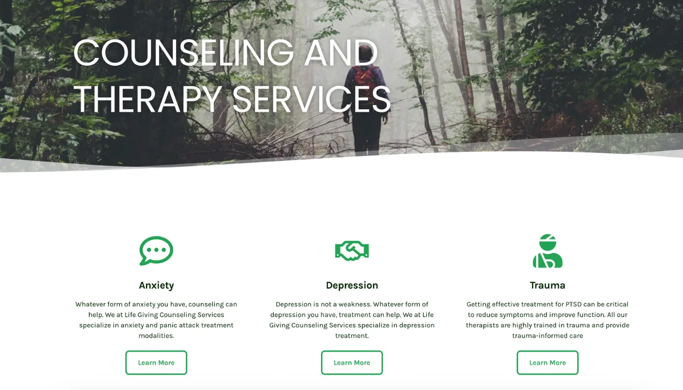 Life Giving Counseling Screenshot Services Section