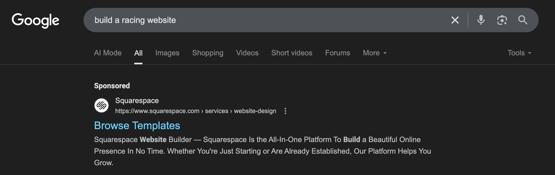 Google search results for Build a Racing Website