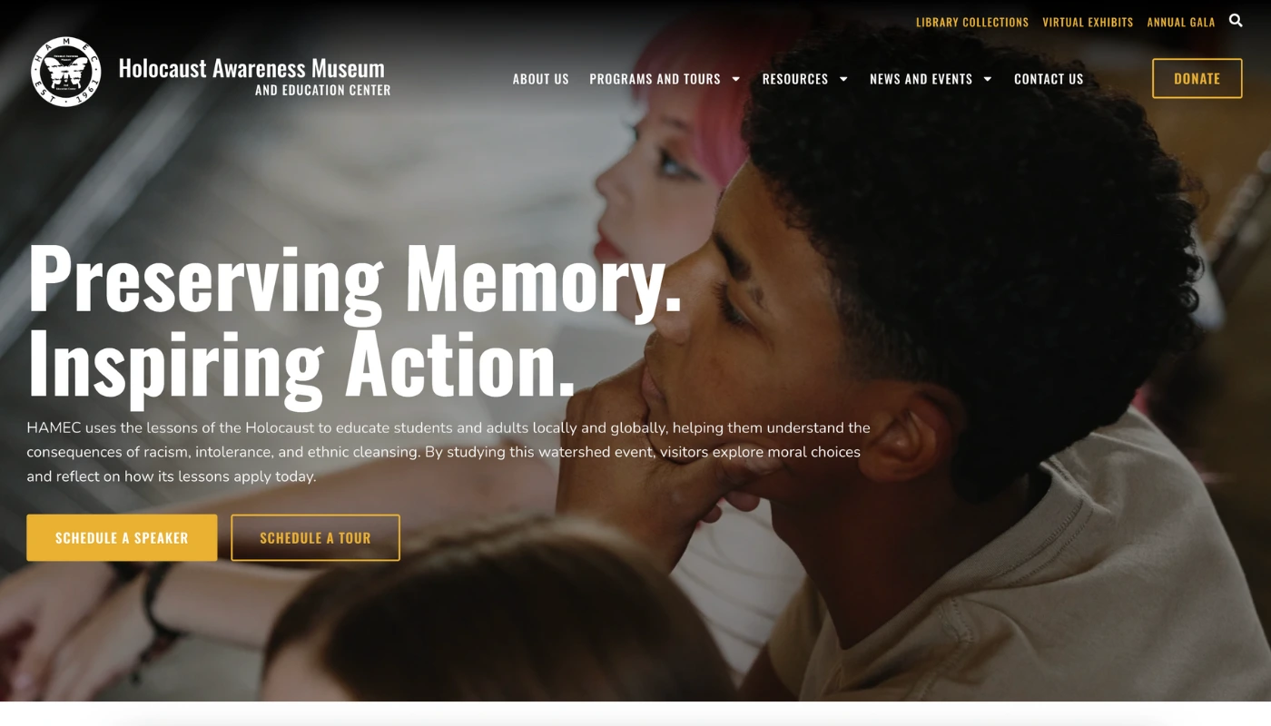 Holocaust Awareness Museum Screenshot Hero section of the homepage