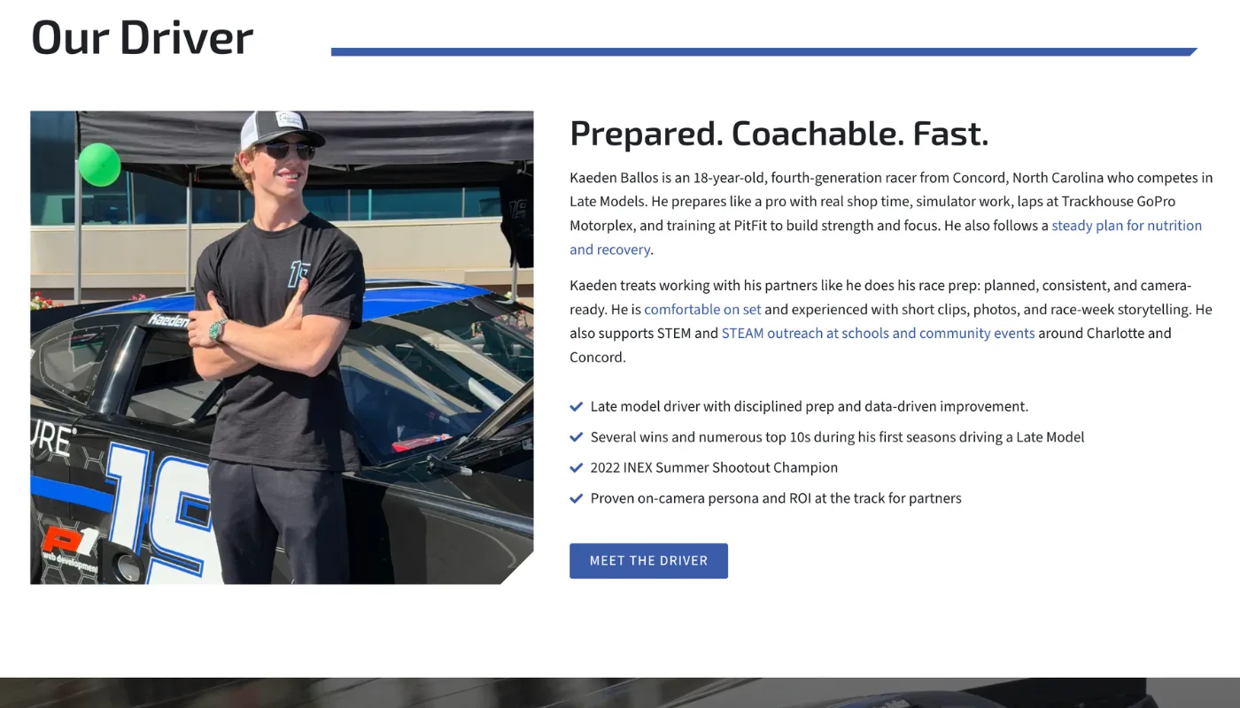 Kaeden Ballos Motorsports Screenshot About the Driver