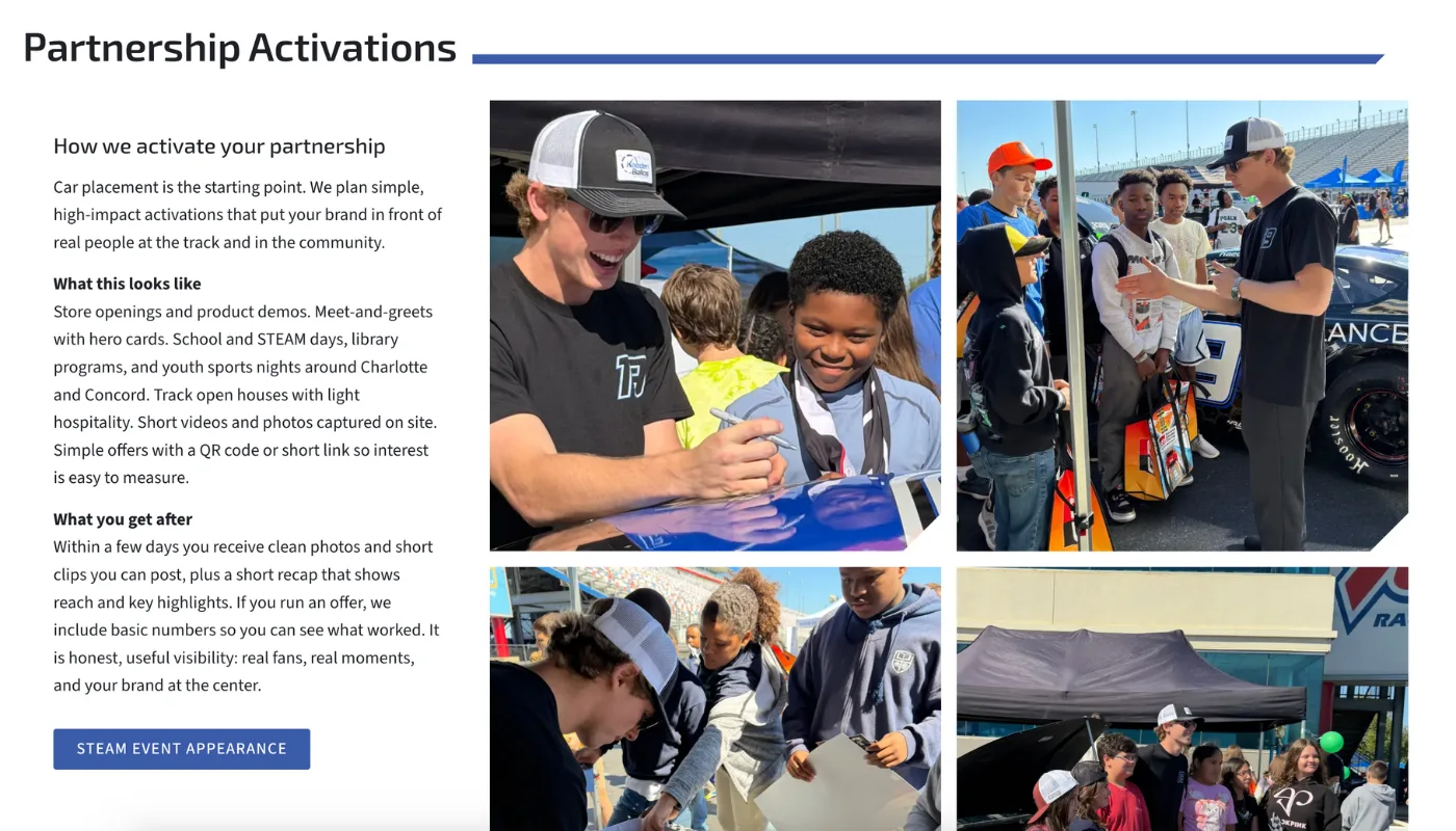 Kaeden Ballos Motorsports Screenshot Sponsorship Activation section