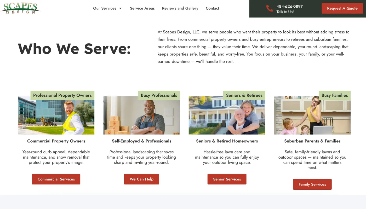 Scapes Design Screenshot Who we serve section