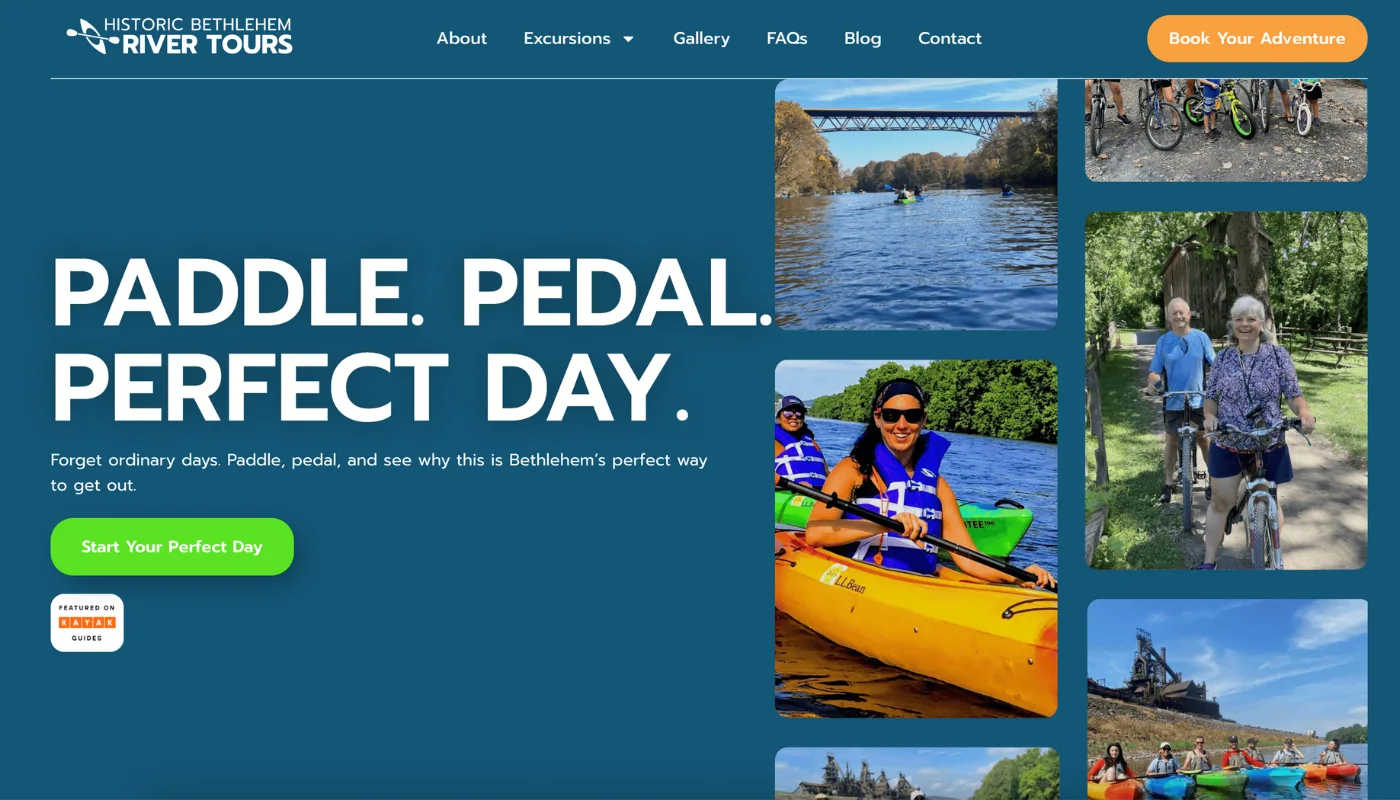Bethlehem River Tours Screenshot Homepage Hero Section