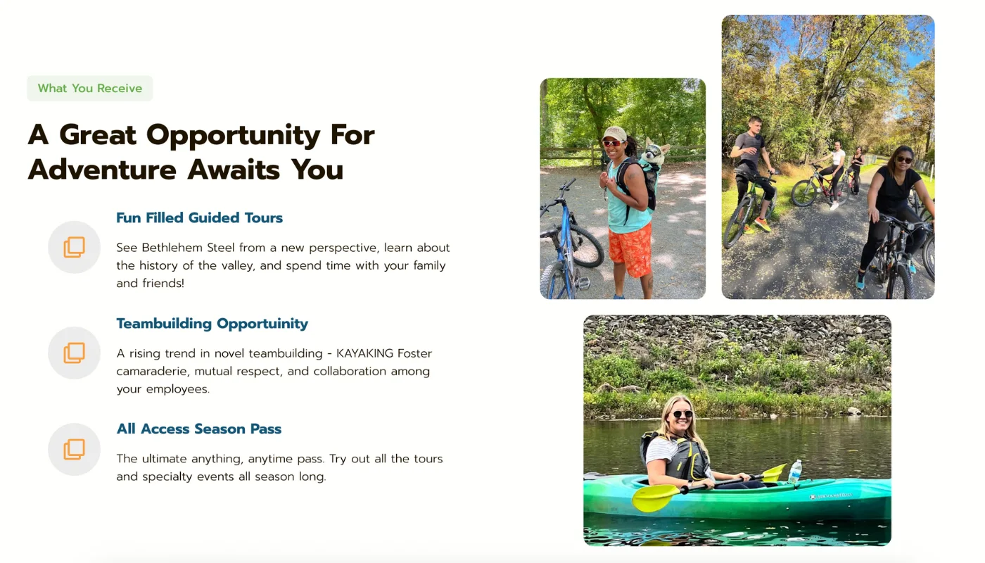 Bethlehem River Tours Screenshot More benefits section