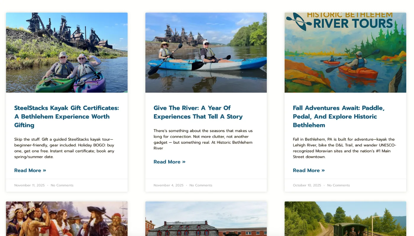 Bethlehem River Tours Screenshot of the blog