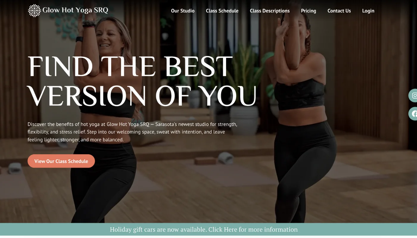 Glow Hot Yoga Studio Screenshot Homepage Hero Section