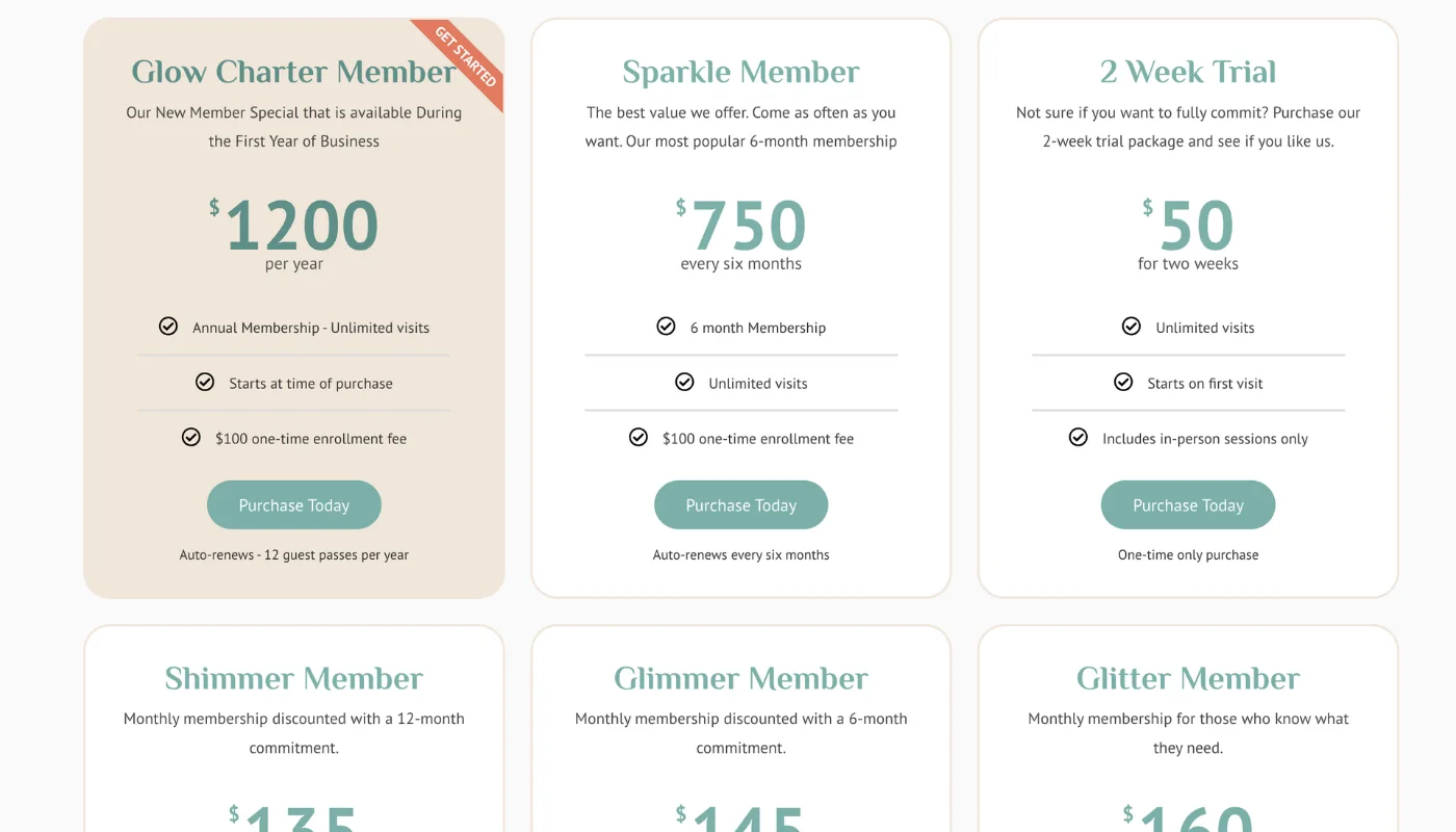 Glow Hot Yoga Studio Screenshot Membership levels