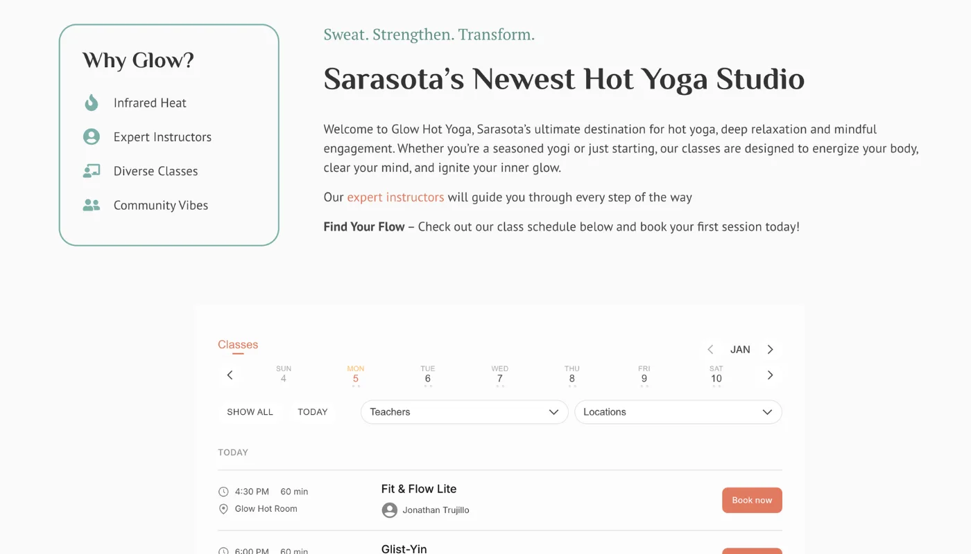 Glow Hot Yoga Studio integrated class schedule